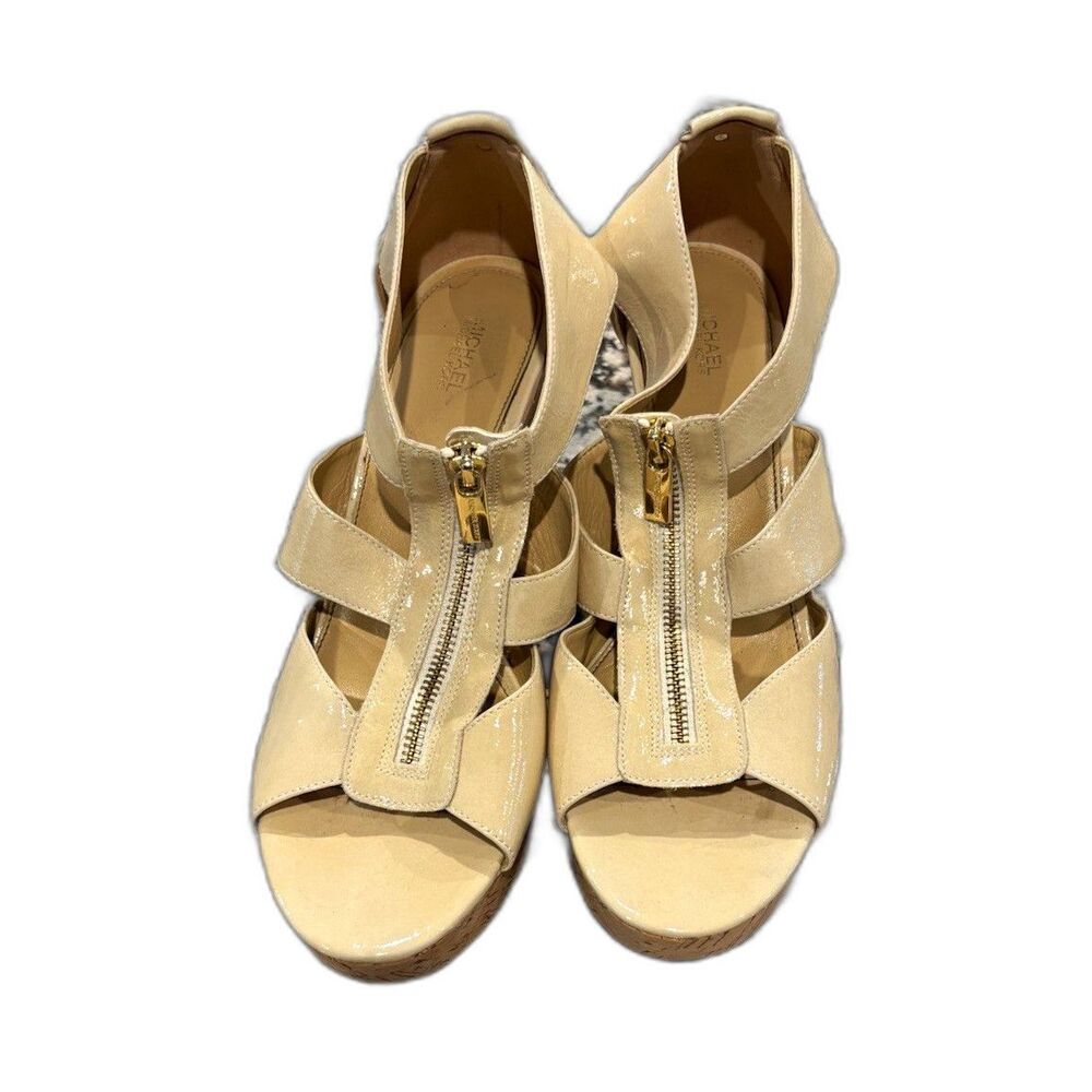 MICHAEL Michael Kors Beige Leather Zip Open Toe Strappy Wedge Sandals US 11M